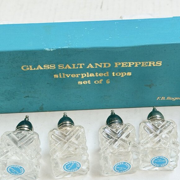 FB Rogers Crystal Glass 3 Salt 3 Pepper Shakers Serveware Silver Plate Set Vtg - Picture 8 of 8